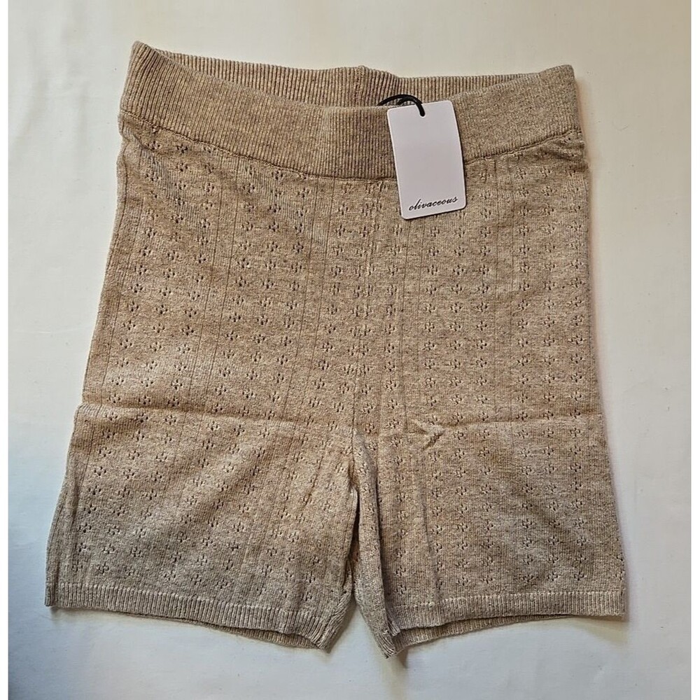 Olivaceous Wool Blend Knit Shorts Size Medium New Tan Eyelet Knitted Boho Lounge